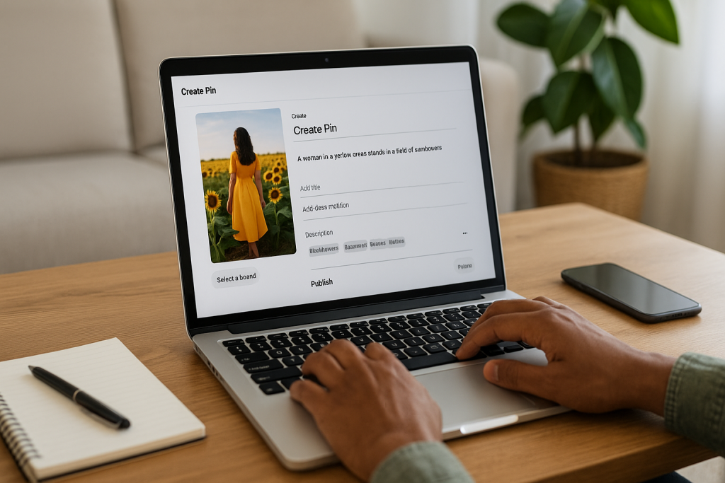 Person in a home office creating a Pinterest-style pin on a laptop at a wooden desk, with a phone and plant nearby.