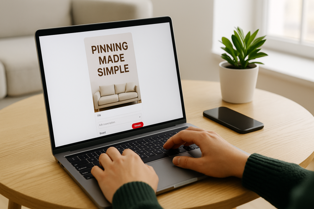 Hands on a laptop creating a Pinterest-style pin at a sunlit table, with a phone and small plant beside it.