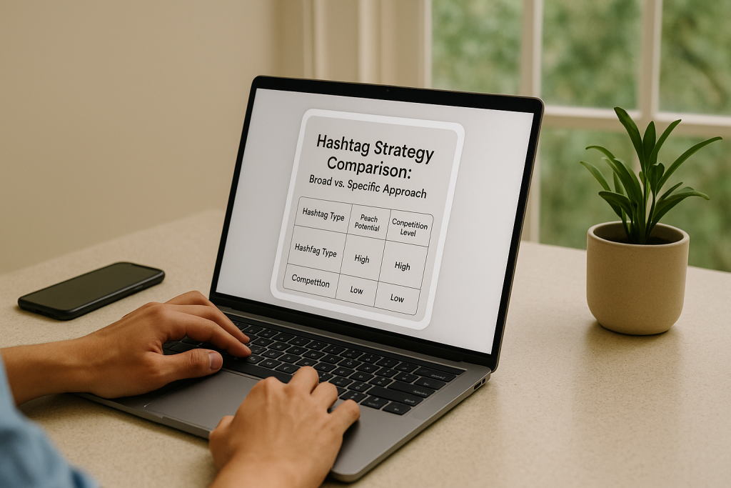 Hands on a laptop reviewing a hashtag strategy comparison, with a phone and potted plant on a sunlit table.