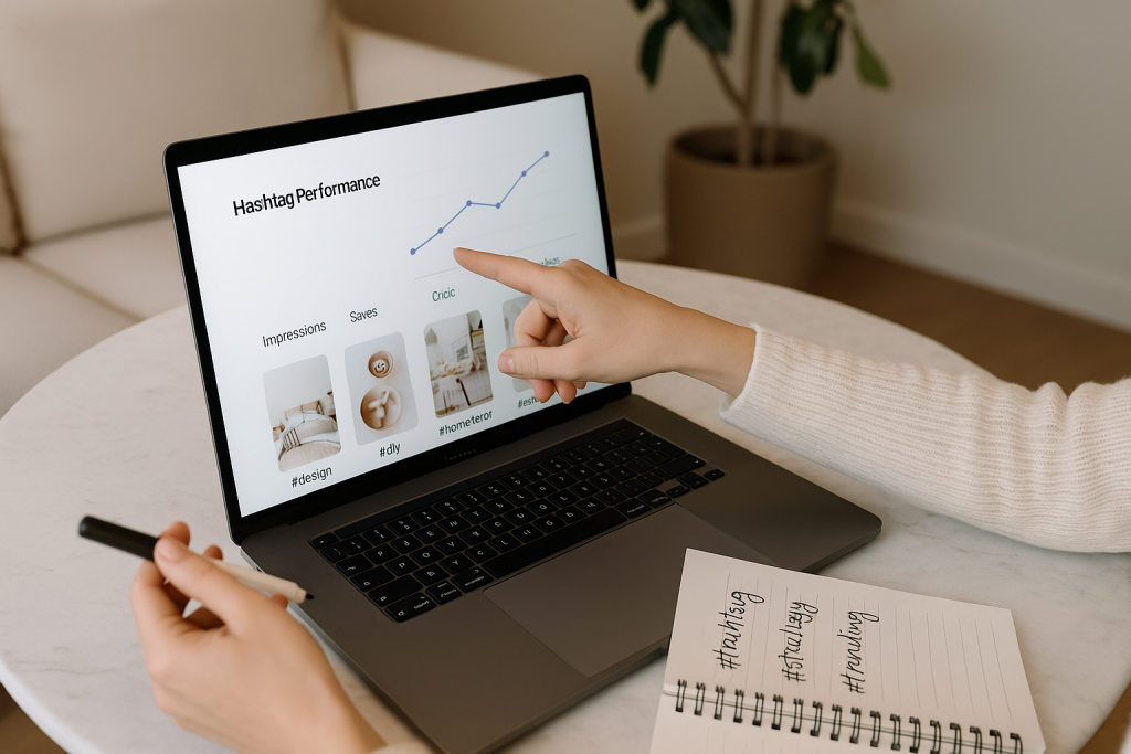 Person reviewing Pinterest hashtag performance on a laptop with notes on a marble table.