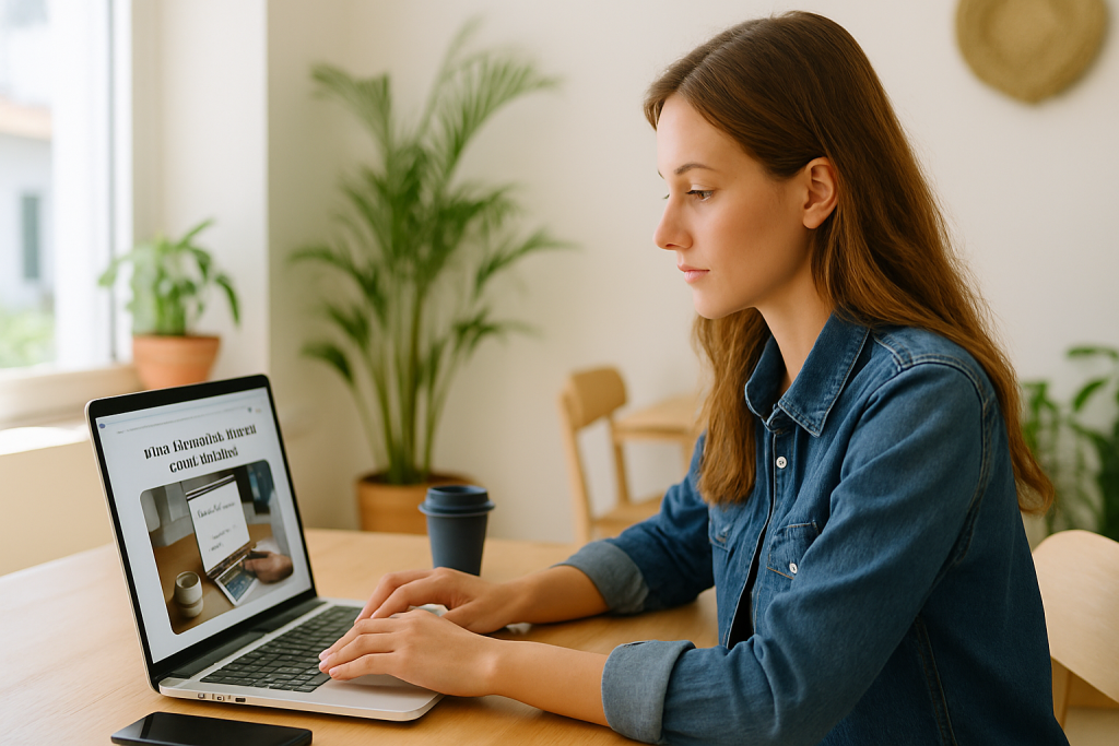 Blogger working on a laptop at a bright café table with indoor plants and a takeaway coffee nearby.