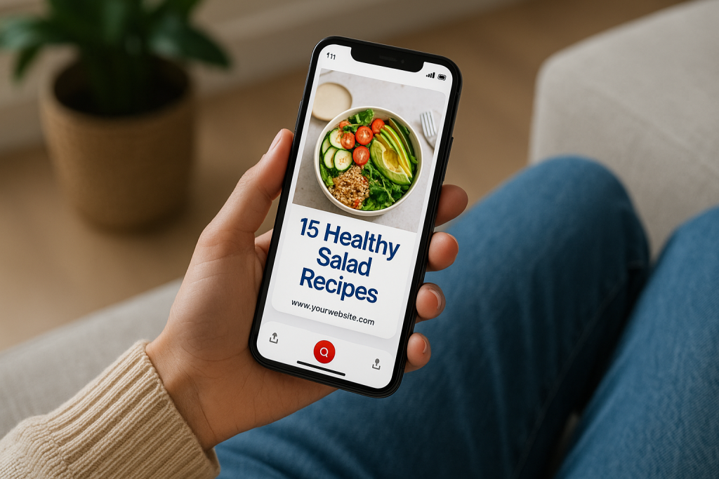 Hand holding a smartphone showing a Pinterest pin for healthy salad recipes.