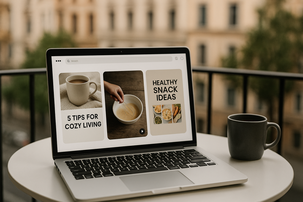 Laptop on an outdoor café table showing a Pinterest-style pin layout, with a coffee mug and blurred city backdrop.