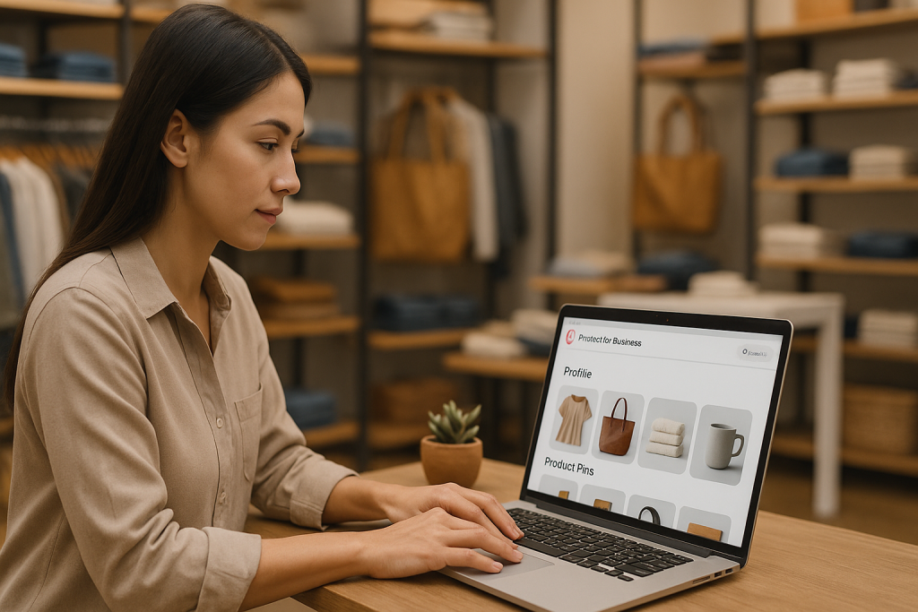 Woman managing a Pinterest Business account on her laptop inside a clothing store.
