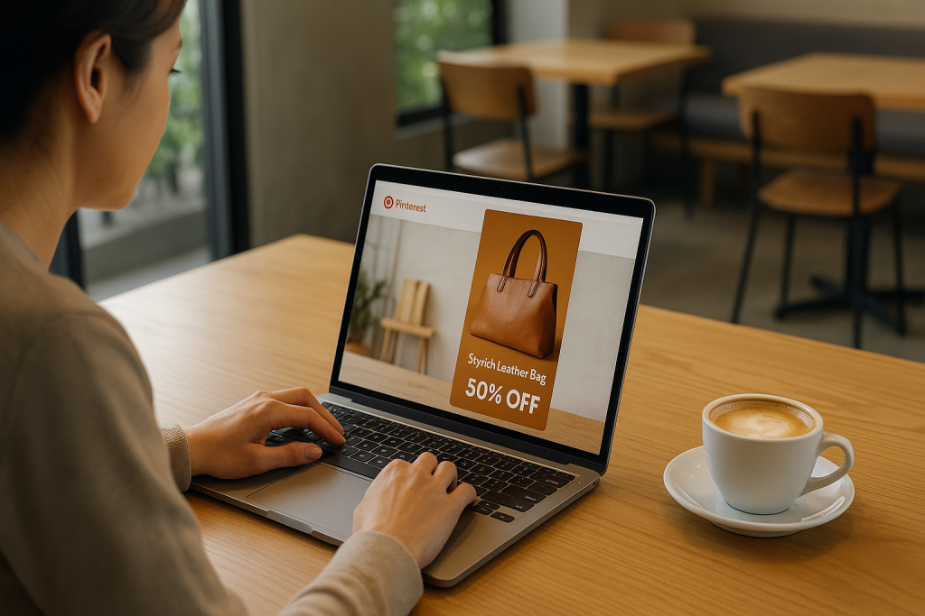 Woman creating a Pinterest sales pin for a leather bag on her laptop in a café.