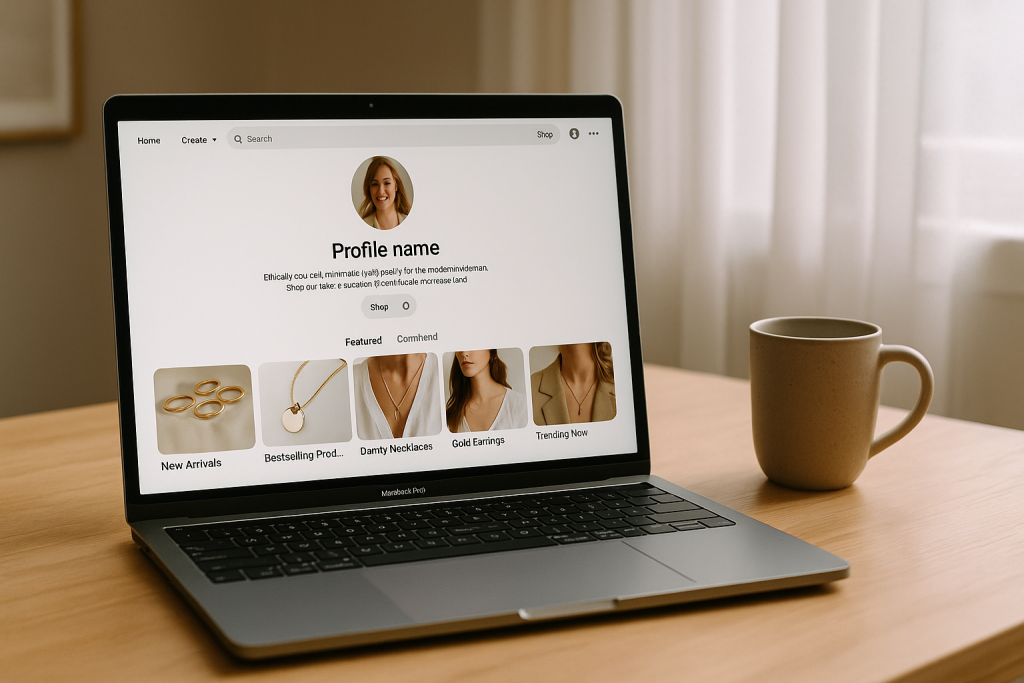Laptop on a bright desk showing a Pinterest-style shop profile with jewelry boards, beside a ceramic mug and sheer curtains.