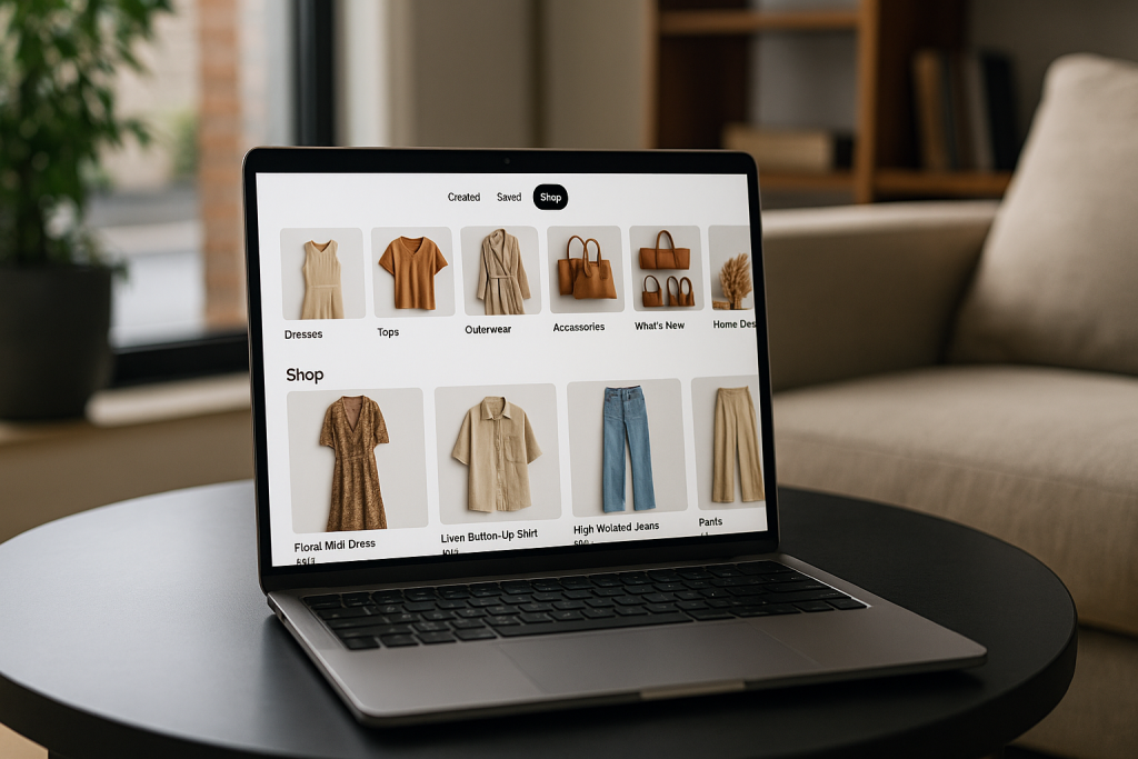 Laptop on a black coffee table showing a Pinterest-style Shop tab with product categories in a modern living room.