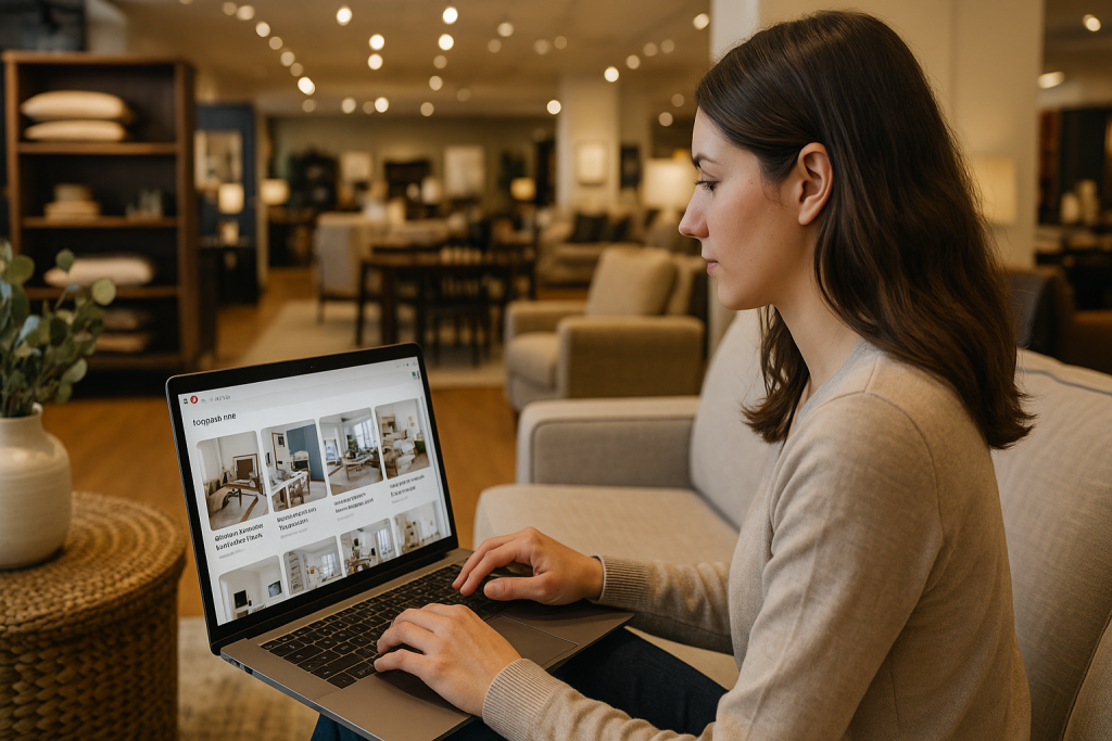 Woman organizing Pinterest home décor boards on her laptop in a furniture store.