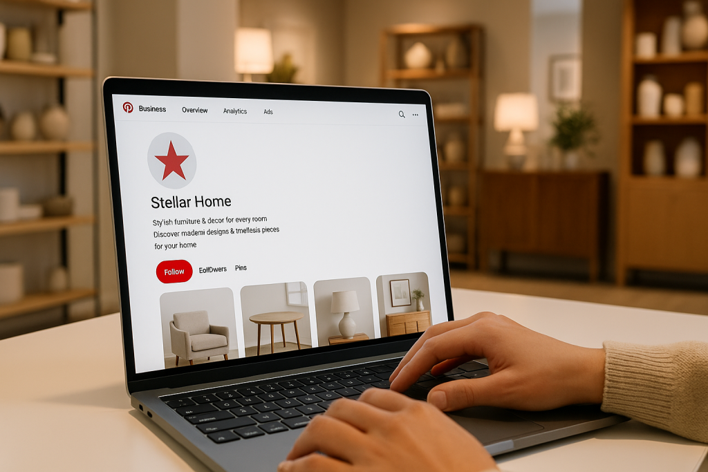 Hands using a laptop displaying a Pinterest Business profile for a home décor brand in a modern showroom.