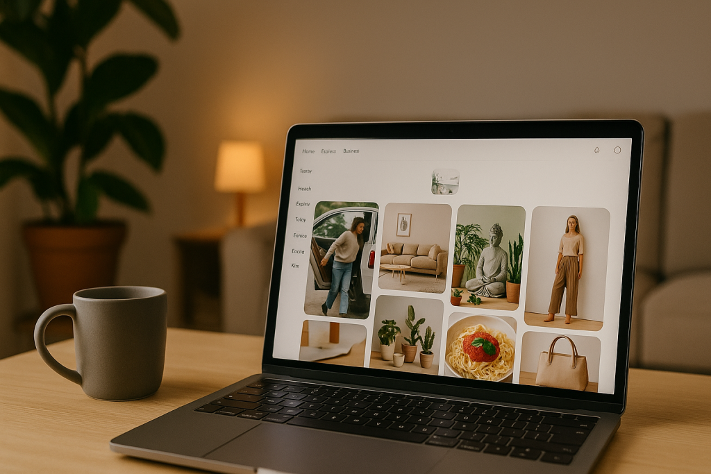 Laptop displaying Pinterest-style image grid on wooden desk with coffee mug in cozy home setting.
