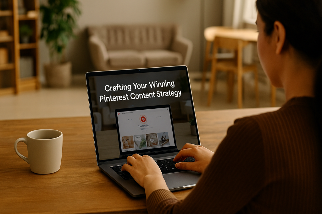 Woman planning a Pinterest content strategy on her laptop in a cozy living room workspace.