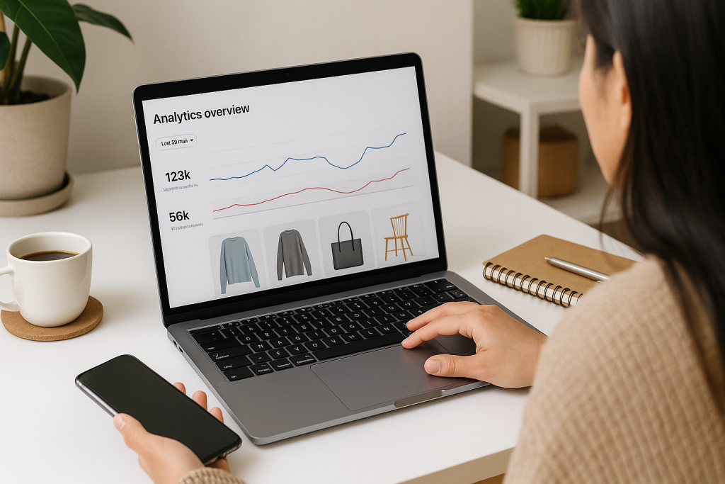 Person at a tidy desk viewing Pinterest-style analytics on a laptop while holding a smartphone, with coffee and a notebook nearby.