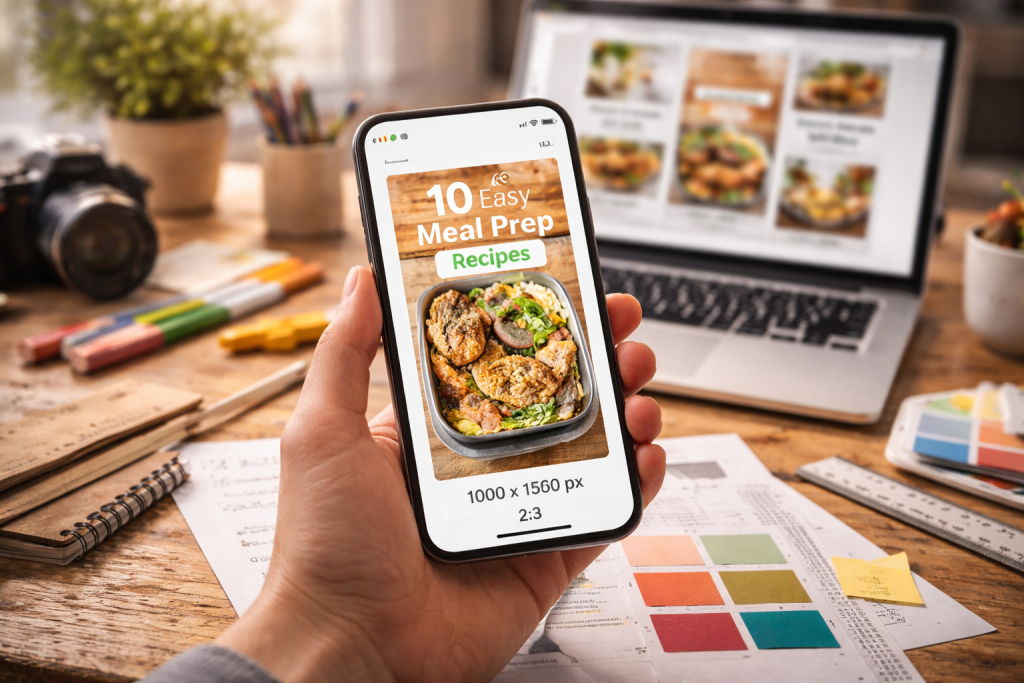 Hand holding a phone showing a tall Pinterest pin mockup on a creative desk with a laptop in the background.