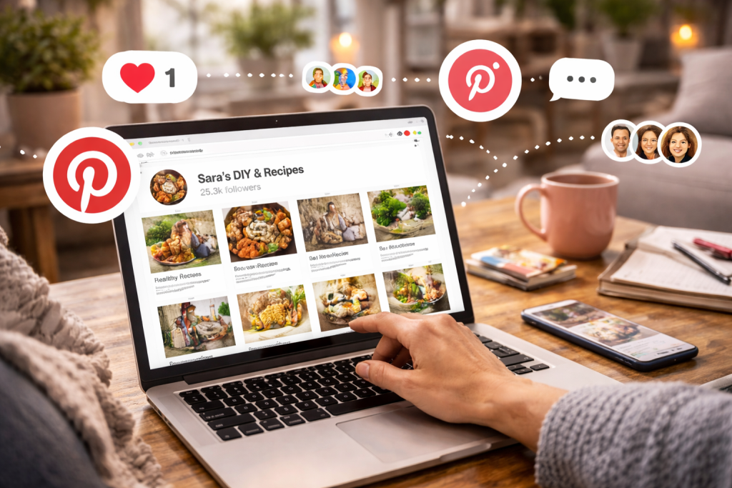 Person exploring a Pinterest profile and boards on a laptop in a cozy home office.