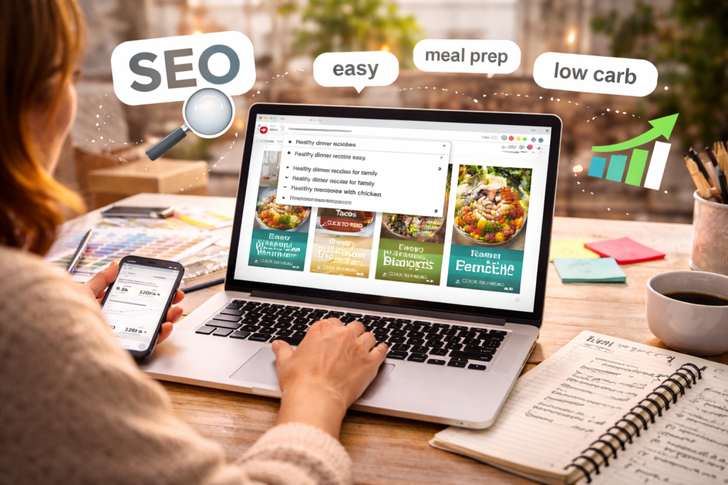 Marketer researching Pinterest keywords on a laptop with notes and analytics on a phone.