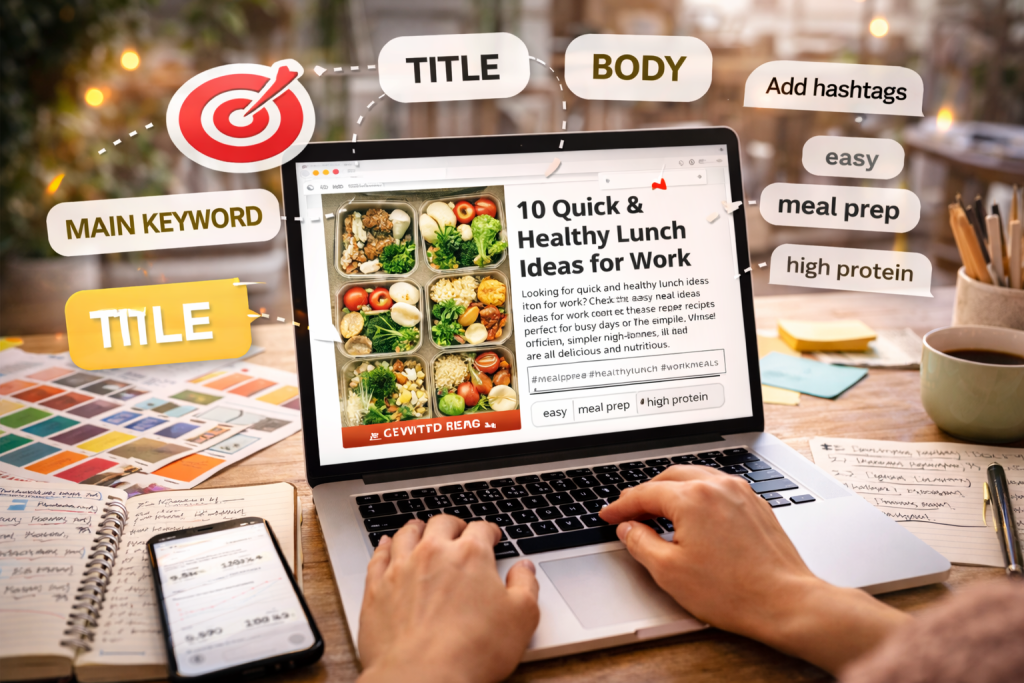 Hands writing a Pinterest pin title and description with keywords on a laptop at a desk.