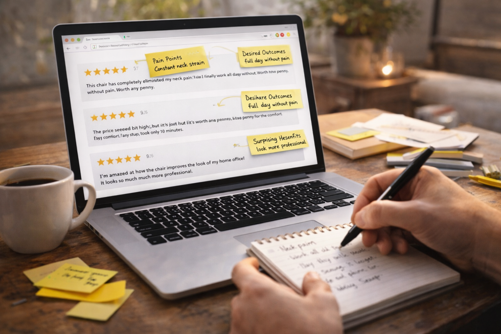 Person taking notes while reading customer reviews on a laptop at a cozy desk.