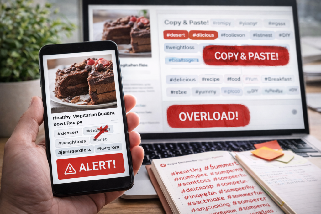 A high-resolution digital photograph displays a Pinterest post with irrelevant and spammy tags on a smartphone, highlighting common tagging mistakes in a creative workspace.