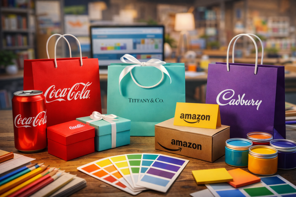 Branded items from Coca-Cola, Tiffany & Co., Amazon, and Cadbury arranged on a desk with color swatches, highlighting iconic color use in brand identity