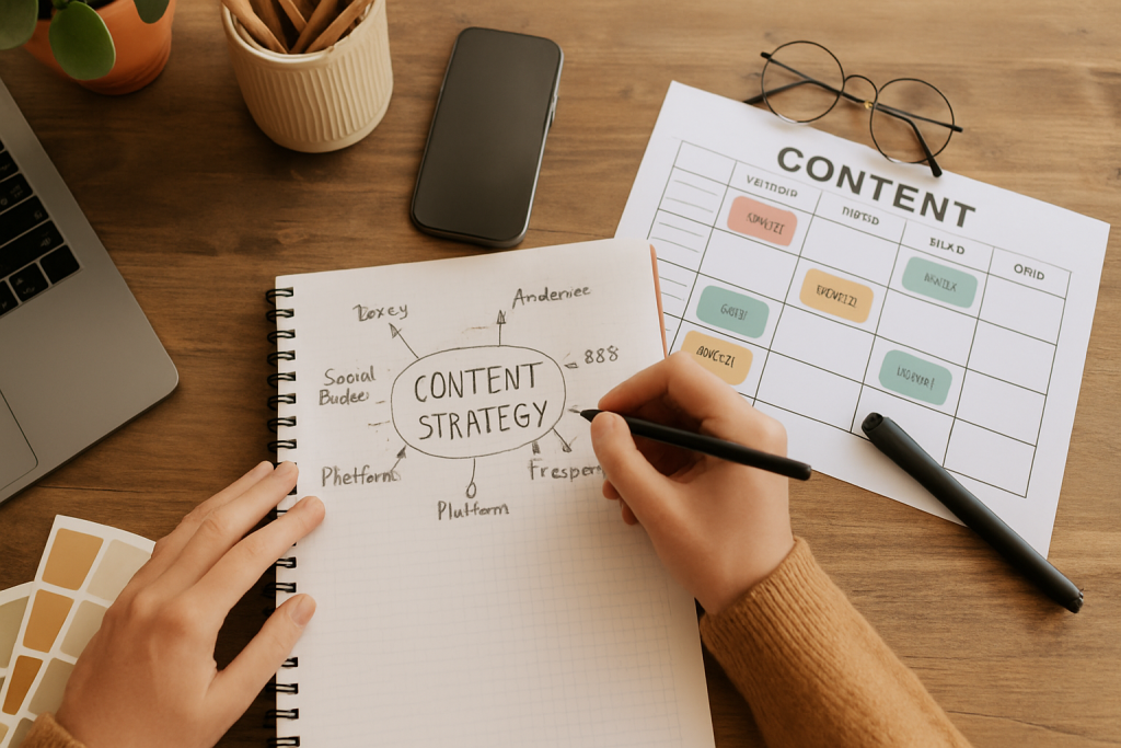 Person planning content strategy with a notebook and content calendar on a wooden desk.