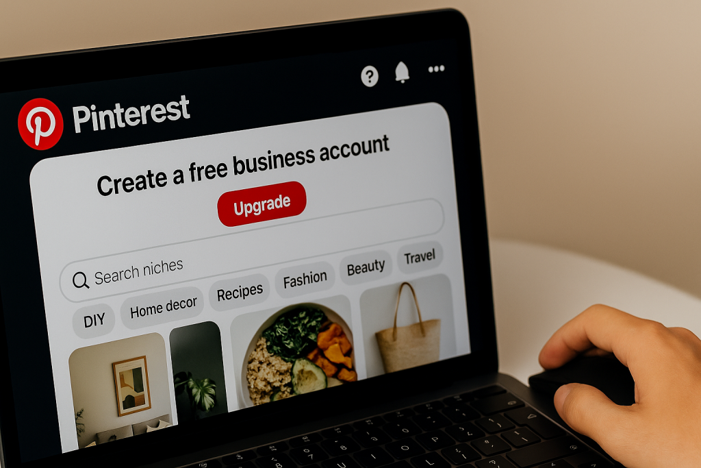 User upgrading to a free Pinterest business account on a laptop, exploring niche categories like DIY, fashion, recipes, and travel.