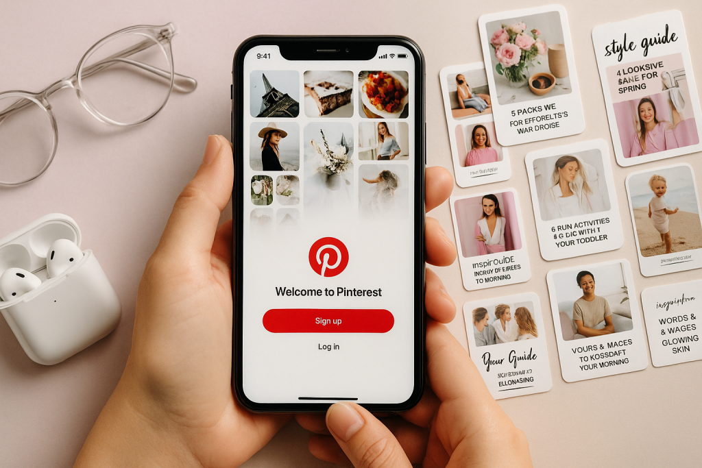 Hands holding a smartphone showing the Pinterest welcome screen with sign-up and login options, surrounded by Pinterest-style cards, AirPods, and eyeglasses on a pink background.