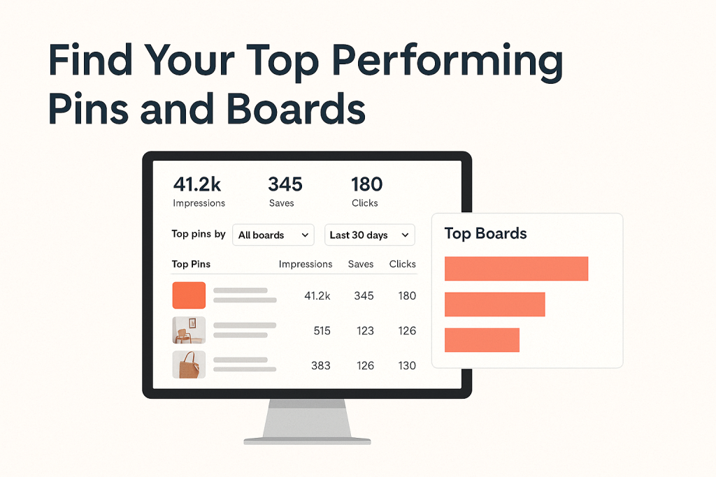Analytics dashboard displaying top-performing Pinterest pins and boards, with engagement metrics like impressions, saves, and clicks, highlighting data-driven content optimization strategies.