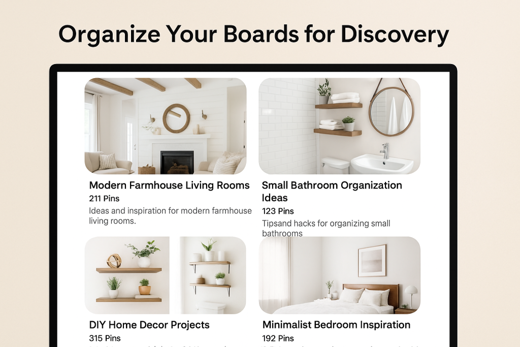 Pinterest board organization screen showing curated home decor boards like Modern Farmhouse Living Rooms, Small Bathroom Organization Ideas, DIY Home Decor Projects, and Minimalist Bedroom Inspiration, emphasizing Pinterest board SEO and user-friendly categorization.