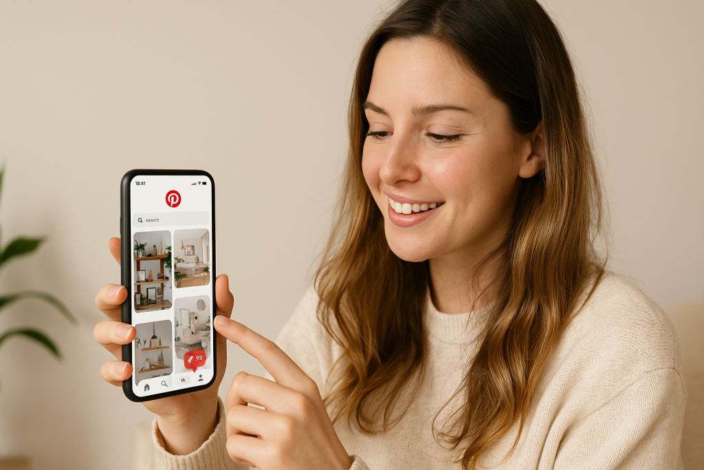 Smiling woman using Pinterest on a smartphone, browsing aesthetic home decor pins, showcasing Pinterest mobile user engagement and content discovery experience.