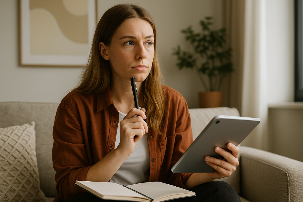 Thoughtful woman sitting on a couch holding a tablet in one hand and a pen in the other, with a notebook on her lap. She appears to be reflecting or planning content, representing the concept of "Knowing Your Audience" for strategic content creation.