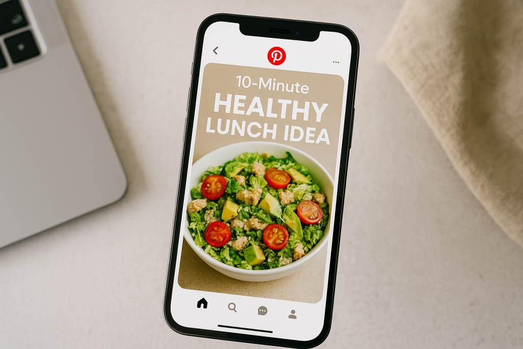 Smartphone screen displaying a Pinterest pin for a "10-Minute Healthy Lunch Idea" featuring a vibrant salad with cherry tomatoes, avocado, greens, and crumbled protein in a white bowl. The phone rests on a beige surface next to a laptop and linen cloth.
