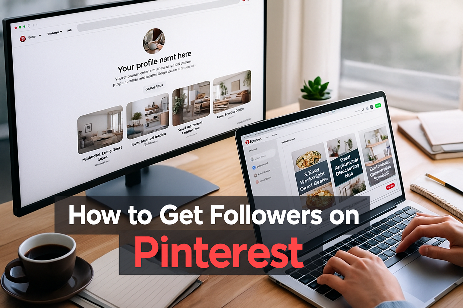 Laptop and desktop showing Pinterest profiles with text: “How to Get Followers on Pinterest.”