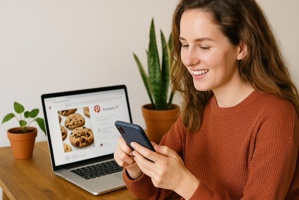 Smiling woman using phone with Pinterest open on laptop in background.