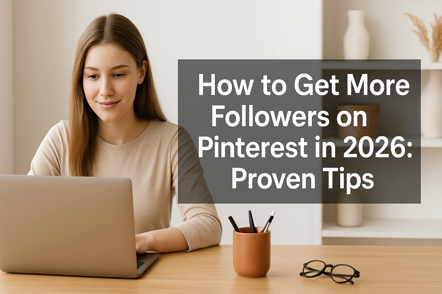 A young woman sits at a desk using a laptop and smartphone to manage social media, with Pinterest open on the screen.