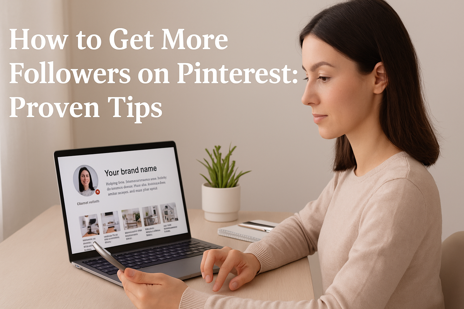 Woman viewing Pinterest profile tips on a laptop at a desk.