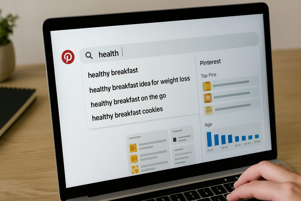 Laptop showing Pinterest search suggestions for "healthy breakfast."