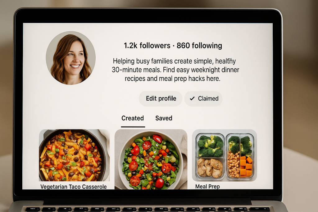 Close-up of a Pinterest profile showing follower count, bio about meal planning, and food pin images.
