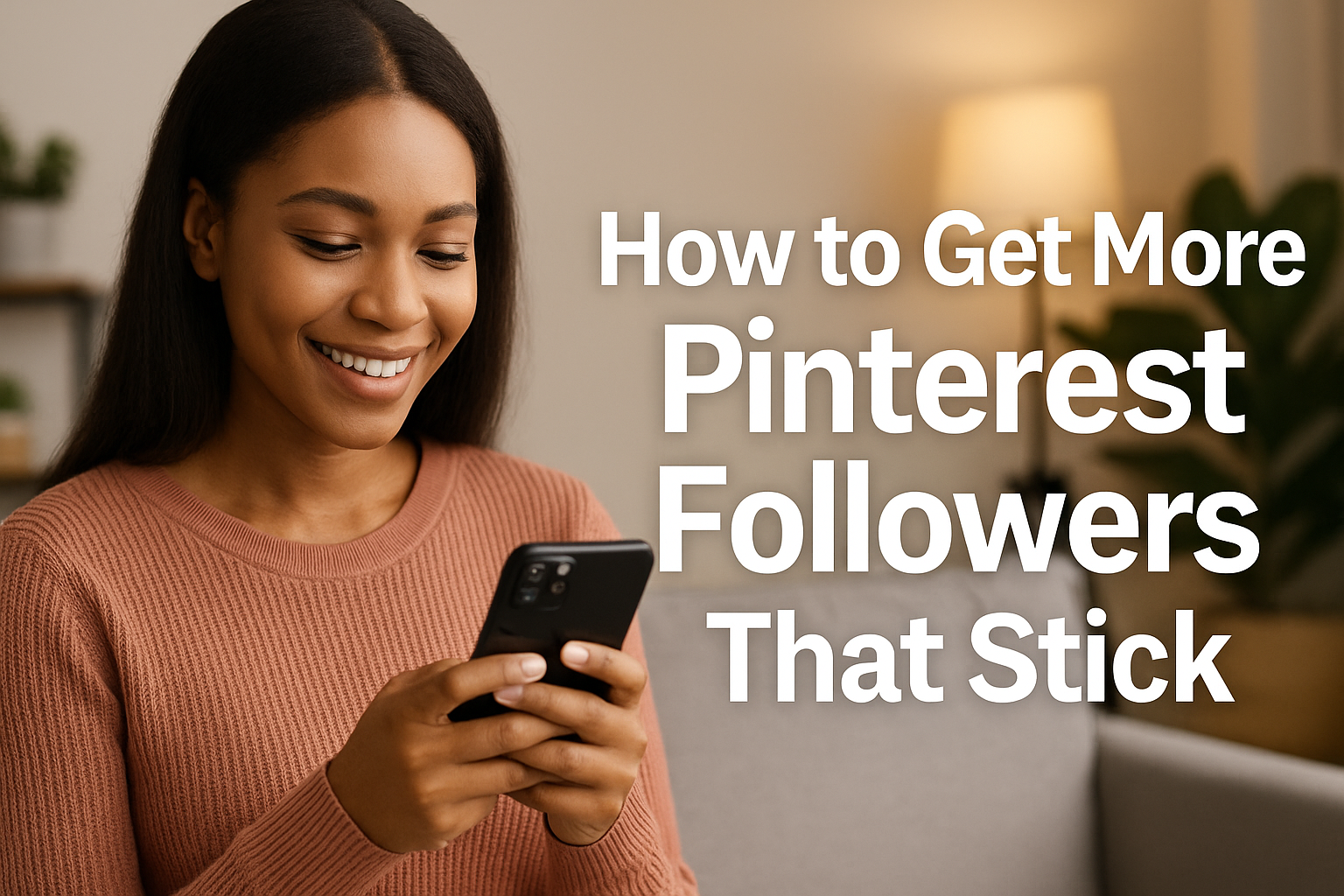 Smiling woman using a smartphone with text that reads “How to Get More Pinterest Followers That Stick.”