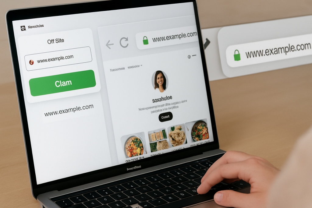 Person using a laptop to claim a website on Pinterest with a profile and pins displayed.