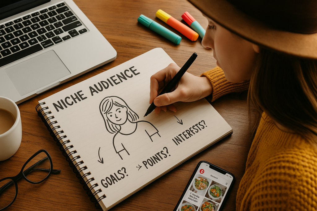 A young woman with long brown hair sits at a wooden table using a laptop, surrounded by cozy decor, suggesting she's engaged in content planning or social media strategy.