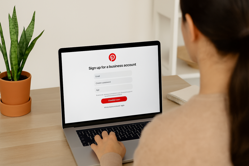 Person signing up for a Pinterest Business account on a laptop.