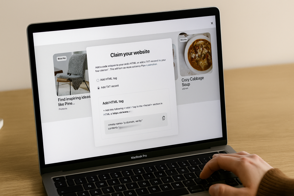 Claim your website" setup page with options to add an HTML tag or TXT record, while a person’s hand rests on the keyboard.