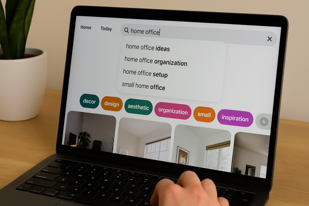 A digital screenshot showcases a Pinterest search results page with keyword suggestions displayed beneath the search bar, illustrating Pinterest's function as a visual search engine.