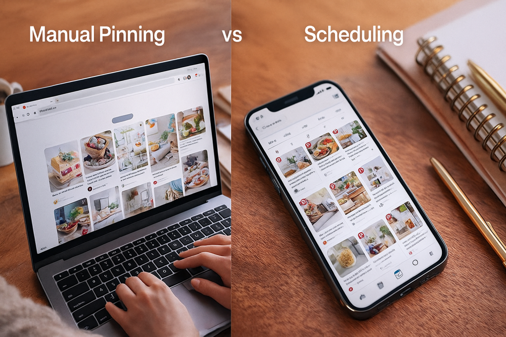 Side-by-side view comparing manual pinning on a laptop and scheduling on a smartphone for Pinterest content.