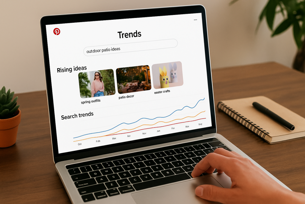 A digital photograph shows a person using the Pinterest Trends tool on a laptop, displaying search volume graphs and keyword comparisons over time.