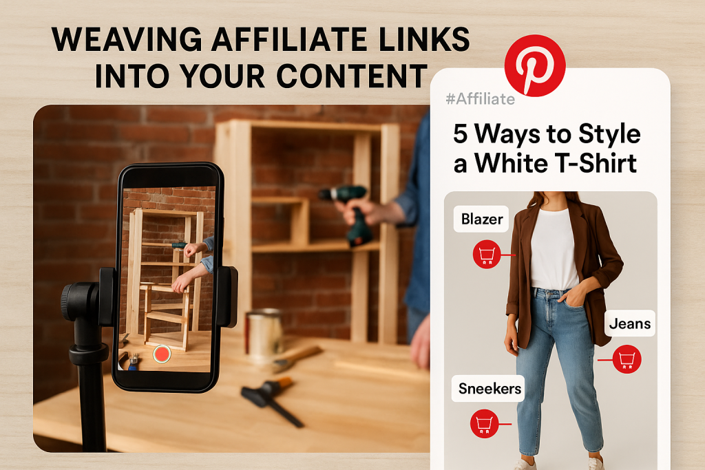 Split image showing a person recording DIY furniture content with a smartphone, alongside a Pinterest-style mockup pin titled '5 Ways to Style a White T-Shirt' with affiliate shopping tags for a blazer, jeans, and sneakers.
