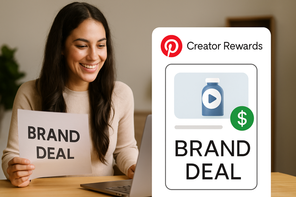 Smiling Pinterest creator holding 'Brand Deal' sign, showcasing monetization through Pinterest Creator Rewards and sponsored content partnerships.
