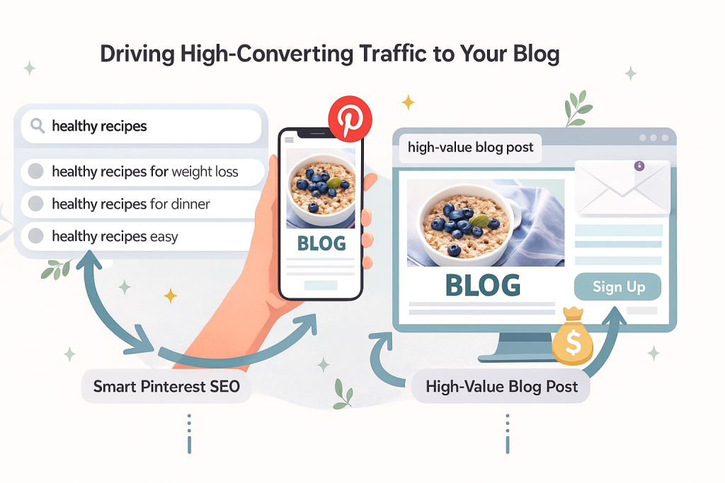 Illustration of using Pinterest SEO to drive traffic from search terms like 'healthy recipes' to a high-converting blog post, with mobile and desktop blog visuals showing a bowl of oatmeal and call-to-action sign-up button.