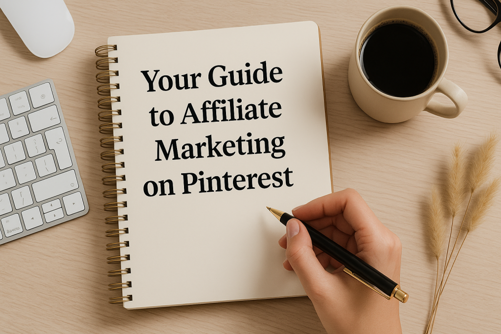 "Notebook titled 'Your Guide to Affiliate Marketing on Pinterest' on a wooden desk with a coffee cup, keyboard, and hand holding a pen.