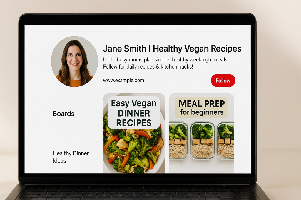 Laptop screen displaying a well-optimized Pinterest profile with boards, profile photo, and keyword-rich bio.